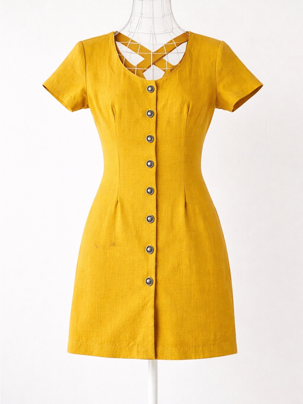 City Triangles Mustard Short-Sleeve Button Front Mini Dress